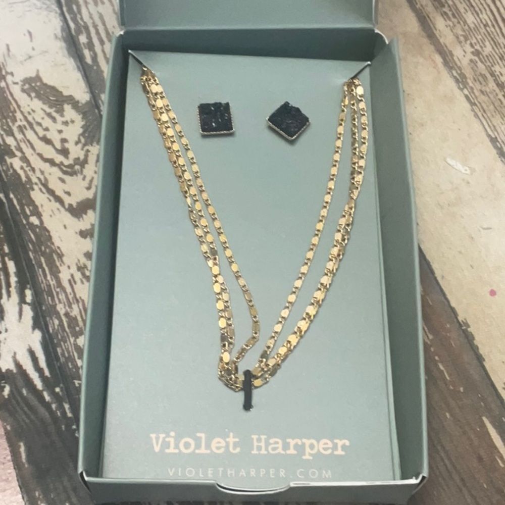 *Violet Harper* Goldtone Necklace & Black Druzy Earring Set